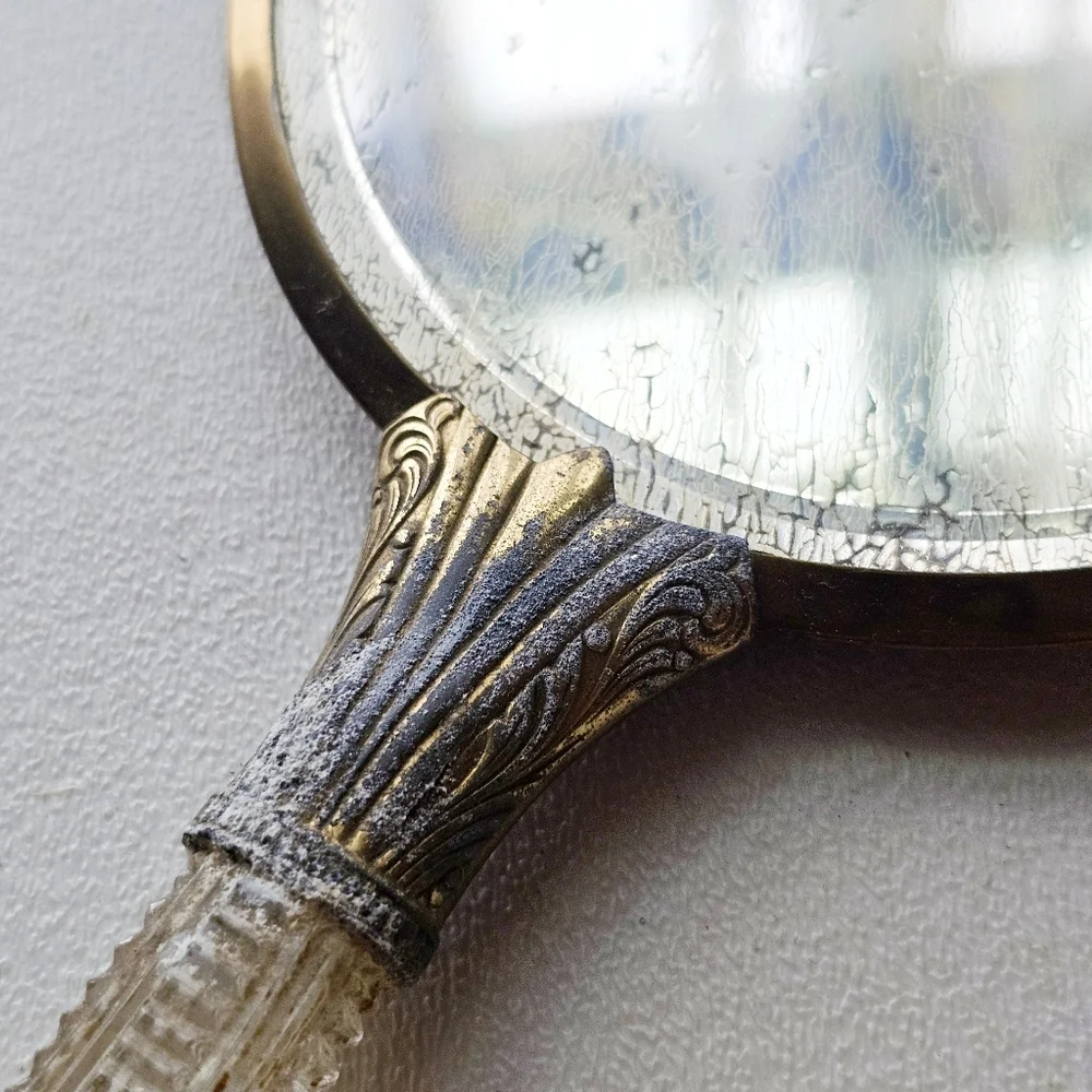 🪞 Early 1900s Antique Vanity Mirror & Brush Set Guilloché Style Glass Handles